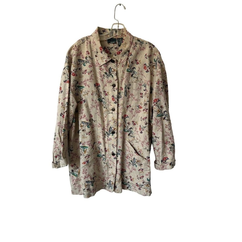 Vintage LizWear Sz L 90s Persian Floral Natural Linen Cotton Chore Jacket Coat - Picture 1 of 12